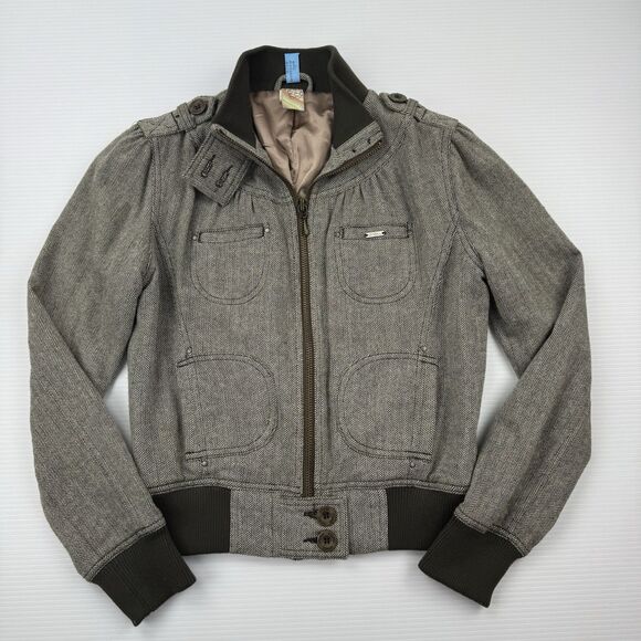 O’Neill Y2K Women’s Wool Blend Herringbone Bomber Jacket M Brown Zip Tweed - Picture 5 of 16